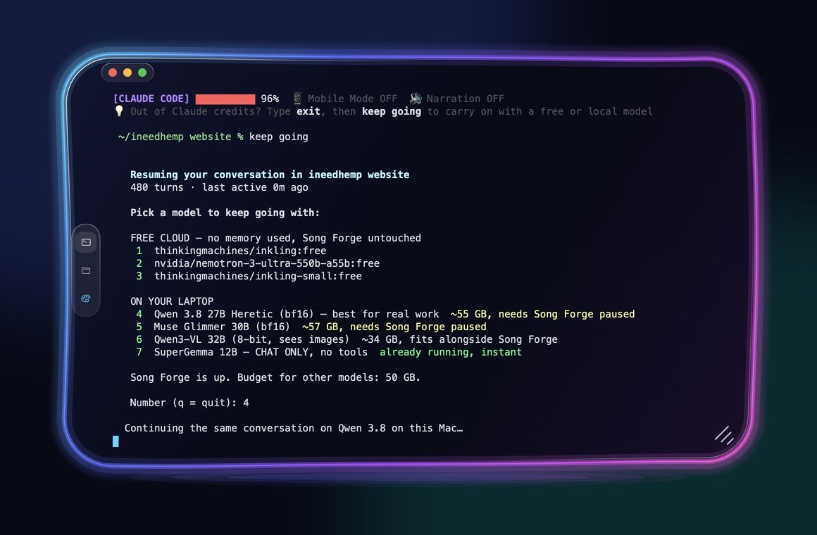 The keep going menu in Trinidad Head: free cloud and local models to continue a Claude conversation